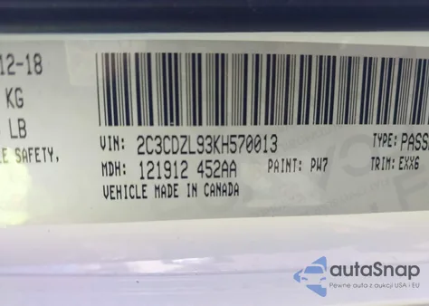 2019 Dodge Challenger Srt Hellcat Redeye z USA, uszkodzony, nr VIN 2C3CDZL93KH570013